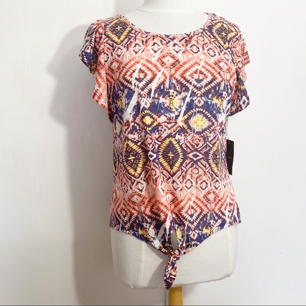 GODDESS NWT tie dye print flutter sleeve tie hip top M
